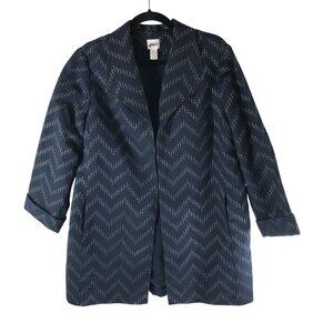 Chicos Womens Open Front Chevron Jacket Navy Blue Metallic Size 2 US L